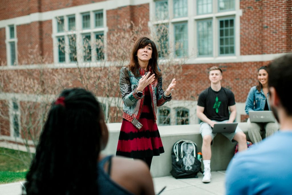 Dr. Nuria Alonso García, director of the new Master’s in Global Education and TESOL Program, teaches at the outdoor classroom at the Ruane Center for the Humanities.