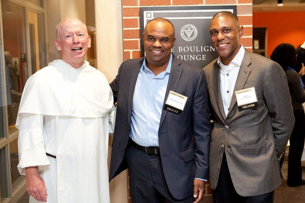 Father Shanley, with trustees Andre Owens ’85, center, and Duane Bouligny ’94 during the first Reflecting Forward event, held in November 2017 to explore issues of race and inclusivity on campus.