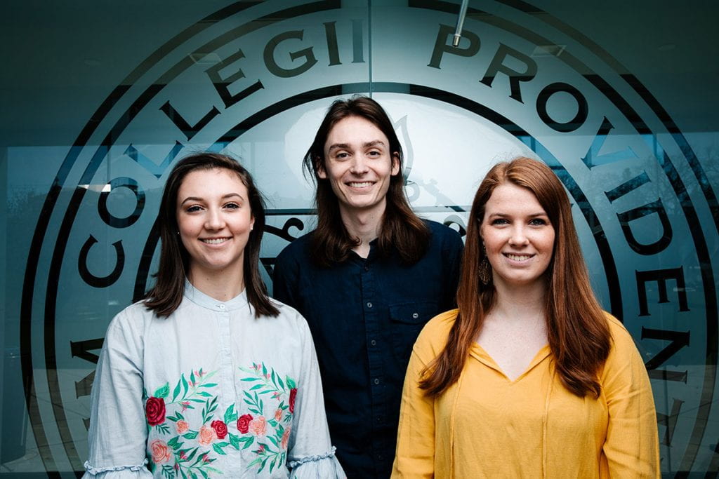The selection of three students in 2019 in 2019 — from left, Elena Morganelli '19, Kevin Cranney '19, Emilee Serwan '19 — gave the College the honor of being a top-producing student for the Fulbright Program.