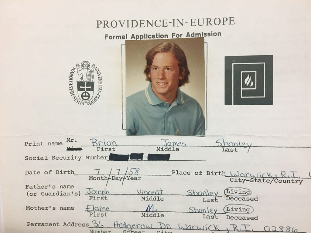 Father Shanley's application to study abroad for his junior year, 1978-79, at the University of Fribourg in Switzerland.