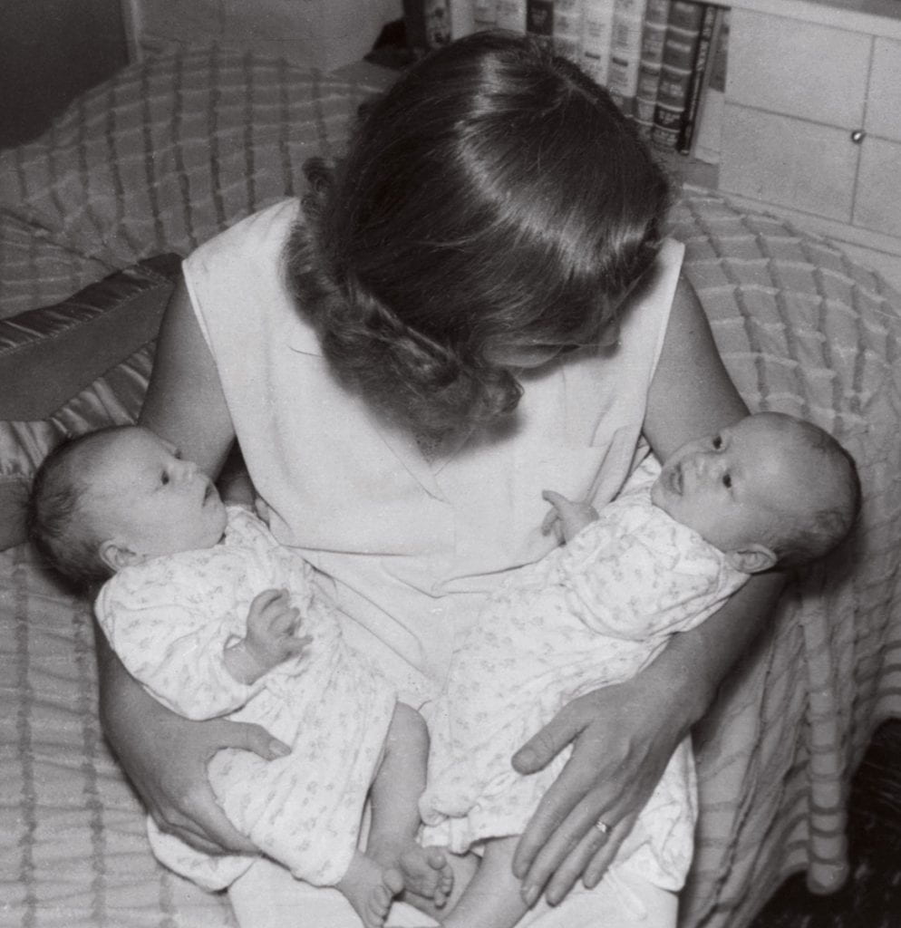 Elaine McNerny Shanley holds her twin sons, born July 7, 1958. Father Shanley is on the right, Paul on the left.