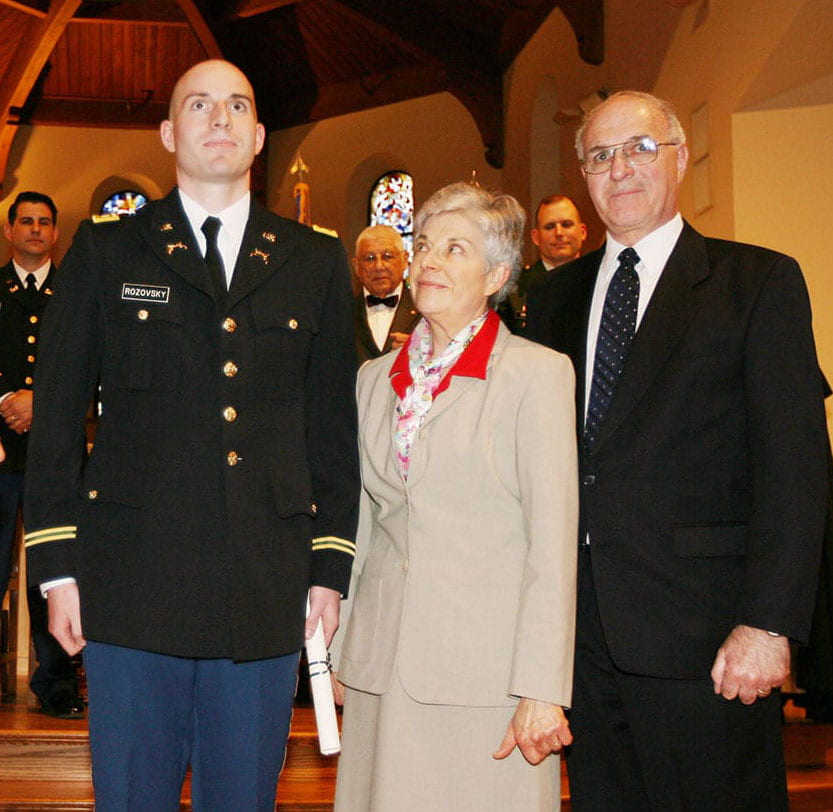 Fay A. Rozovsky, J.D. ’73 & ’08Hon., and her husband, Lorne E. Rozovsky, right, joined their son, Aaron A. Rozovsky ’08, at his commissioning at the College’s Patriot Battalion Army ROTC Commissioning Ceremony in May 2008. She died on March 4, 2020.