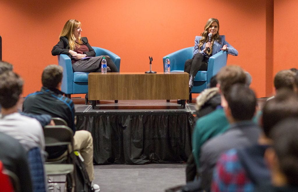 Kim Miale ’01, right, answers a question during a discussion with students on campus last fall. At left is the moderator, Patti Goff ’08G, assistant vice president for integrated learning and administration.