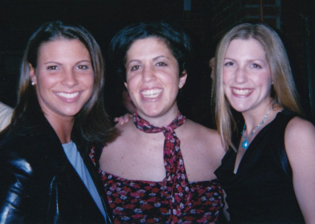 From left, Maia Venturi Kloepfer ’02, Marisa E. McGrody ’02, and Katie Marra ’02 at the 99 Nights event their senior year