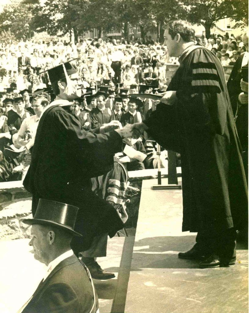 Roy Peter Clark '70 & '17Hon. accepts his diploma from College President William P. Hass '48.