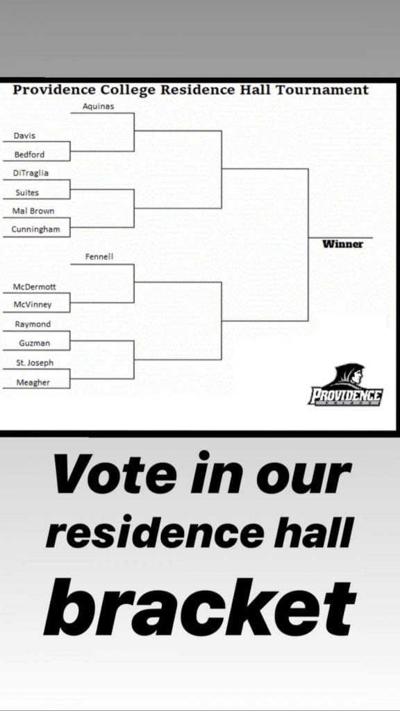 Instagram story image of a tournament bracket pitting PC residence halls against each other with the text: "Vote in our residence hall bracket"