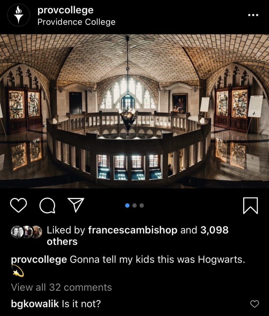 An Instagram post featuring an image of the second floor of the Harkins Rotunda, with the caption "Gonna tell my kids this was Hogwarts." A comment from @bgkowalik reads, "Is it not?" The post has more than 3,000 likes.