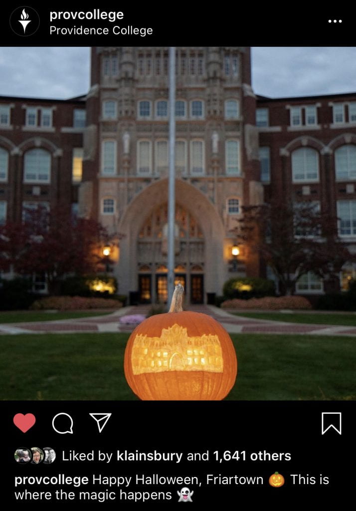 Screenshot of an Instagram post of a pumpkin carved with an image of Harkins Hall. The caption reads, "Happy Halloween, Friartown This is where the magic happens." The post has more than 1,600 likes.