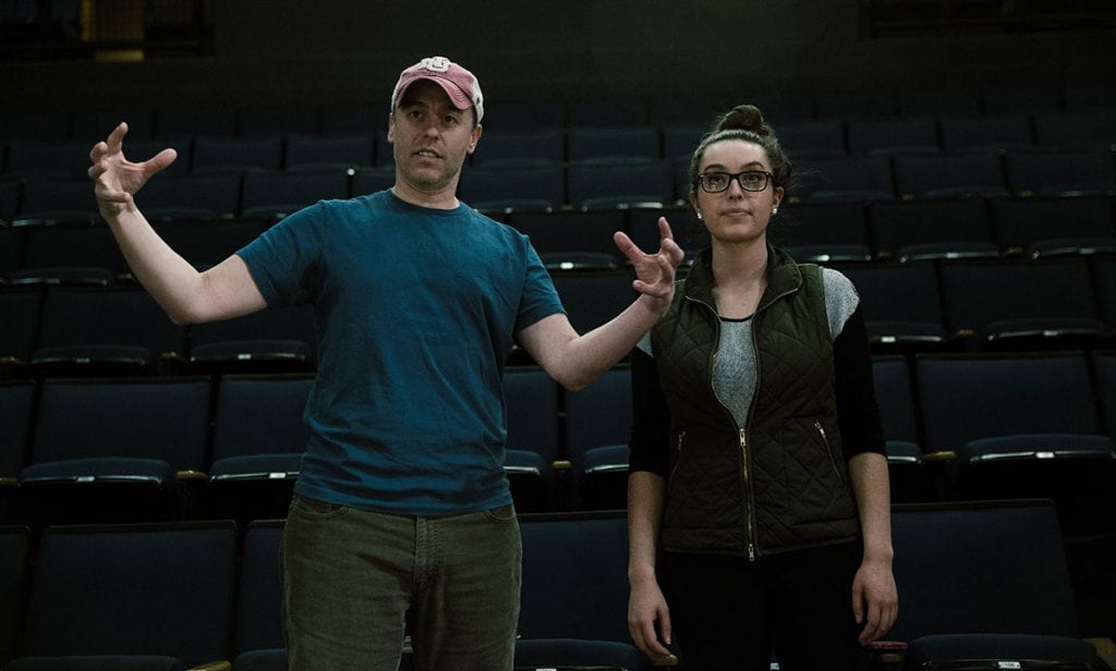Jimmy Calitri, managing director of theatre, left, will direct “Violet: The Musical” in April 2021. Here he works with Katrina Pavao ’16 during a rehearsal in 2016.