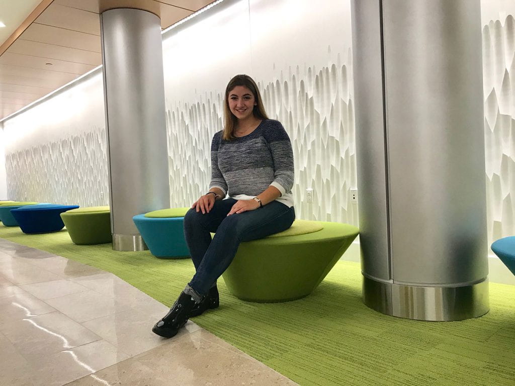 Victoria Haak '20, biology major, in the Science Center addition, which opened for the 2018-19 academic year.