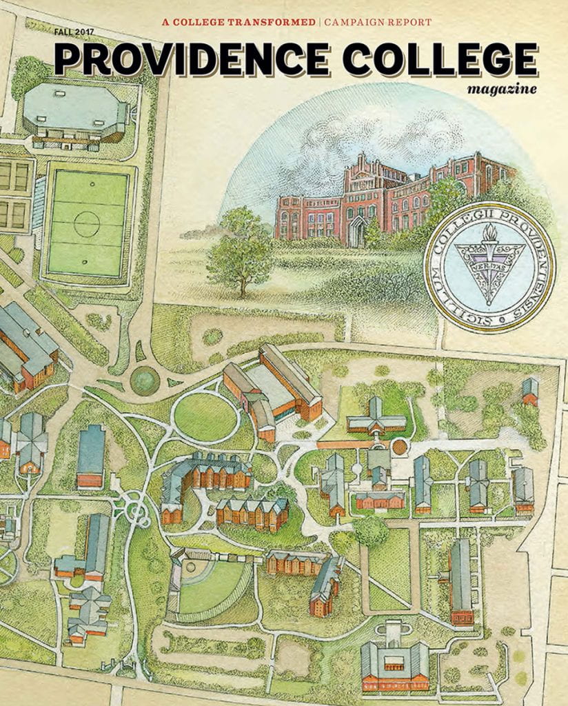 Fall 2017 Providence College Magazine cover featuring an illustrated map of campus