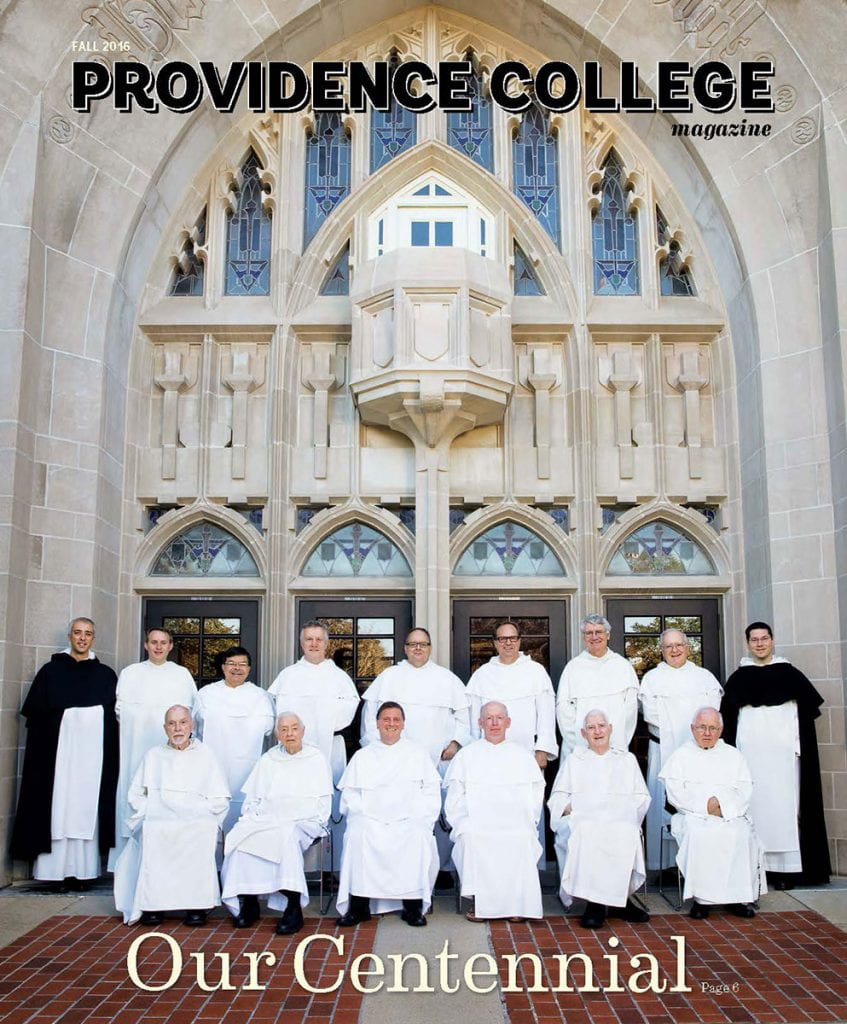 Providence College Magazine cover Fall 2016 featuring Dominican friars in front of Harkins Hall