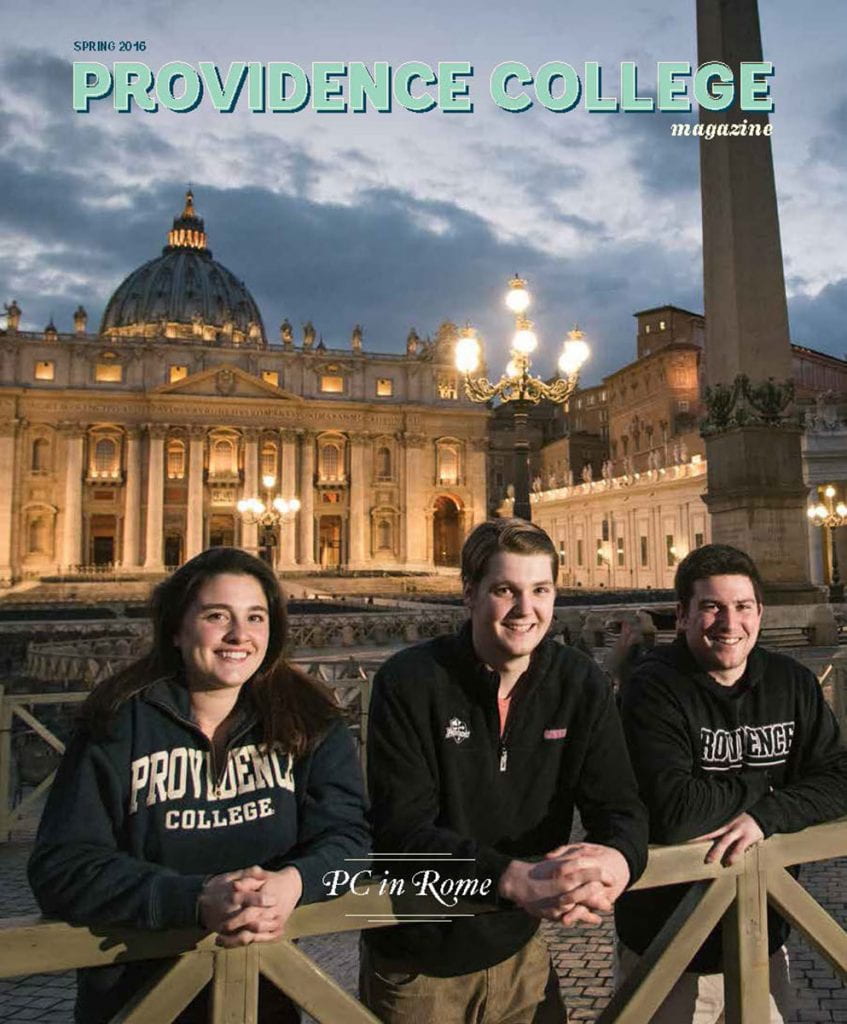 Providence College Magazine cover Spring 2016 showing students in St. Peter's Square, Rome
