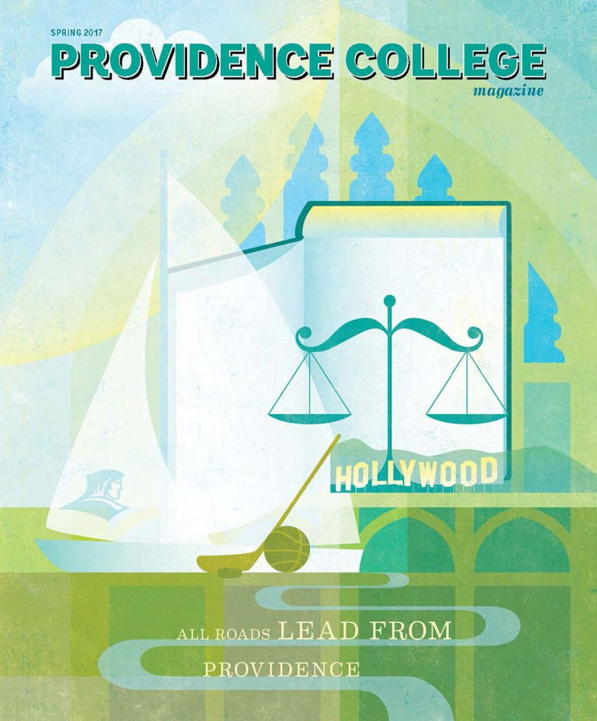 Providence College Magazine cover Spring 2017 featuring an illustration of sailing, scales, stained glass