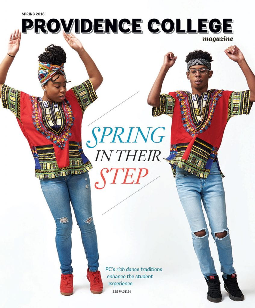 Spring 2018 Providence College Magazine cover featuring student dancers