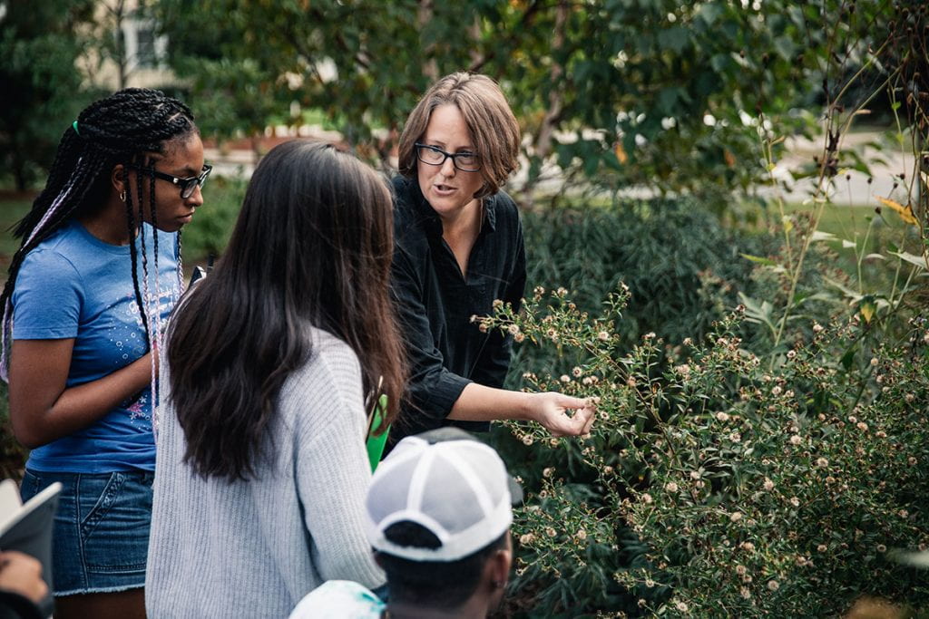 Dr. Maia Bailey, who coordinated a group of faculty and staff members for mentoring student-interns, says community partners need project help that can be done remotely. Here she is leading students in a field botany class at a bioswale on campus.