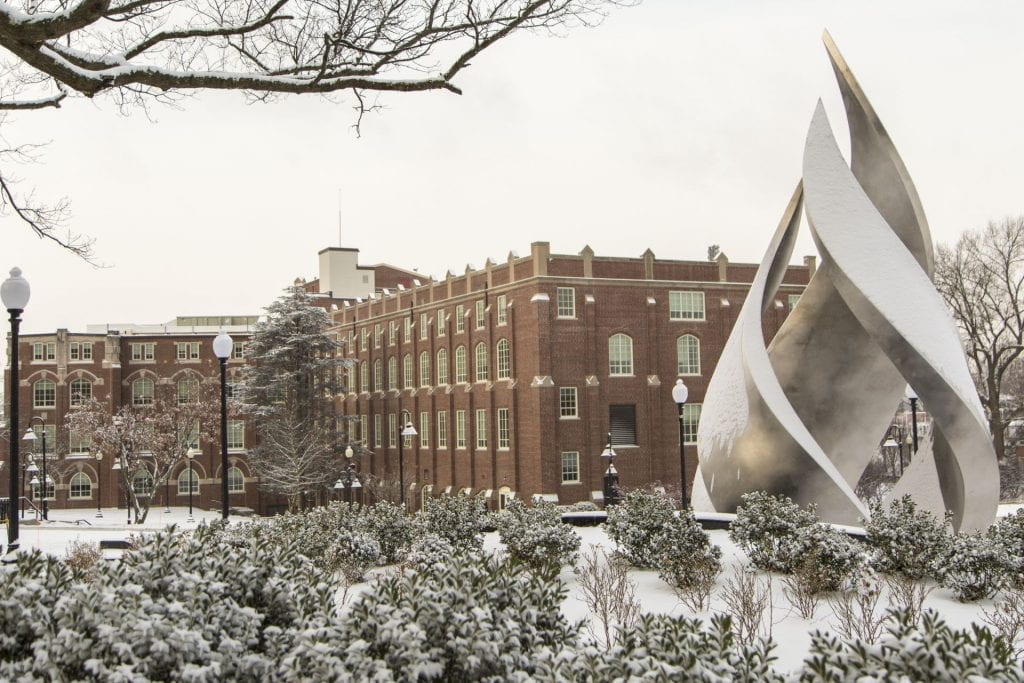 Calabria Plaza and Harkins Hall after a snowfall