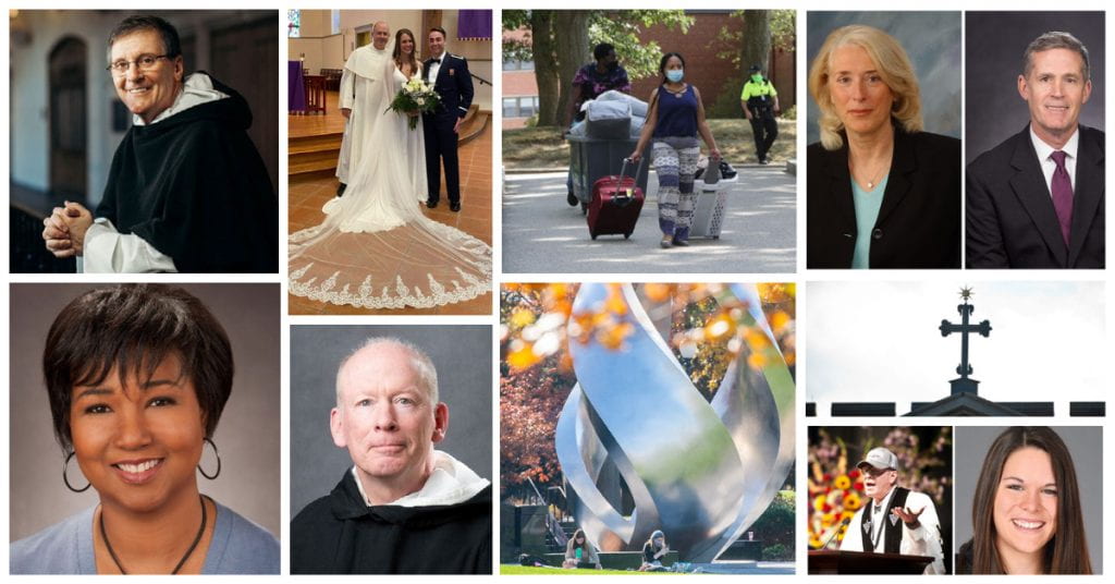 Top stories in 2020 include, from top left, the start of the presidency of Rev. Kenneth Sicard, O.P. '78 & '82G, the last wedding in St. Dominic Chapel before the shutdown order, the arrival of the Class of 2024 for the start of a very unusual semester, new leadership including Ann Manchester-Molak '75 and Dr. Sean Reid, provost and vice president for Academic Affairs. Bottom row: Mae Jemison, M.D. was selected to present the Commencement Address for the Class of 2020; the legacy of Rev. Brian J. Shanley, O.P. '80, the health and safety protocols for the fall semester, an answer to the question, "What does the pandemic mean to Christian believers?" and a message to the Class of 2020 from Roy Peter Clark '70 & '17Hon., as well as a reflection by C.J. McCartin '20 on 3.75 years in Friartown.