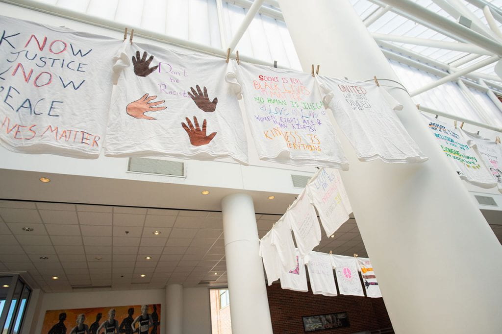 Student organizers decided to display the T-shirts in the Ruane Atrium of the Concannon Fitness Center because of its location near Slavin Center and Alumni Hall.