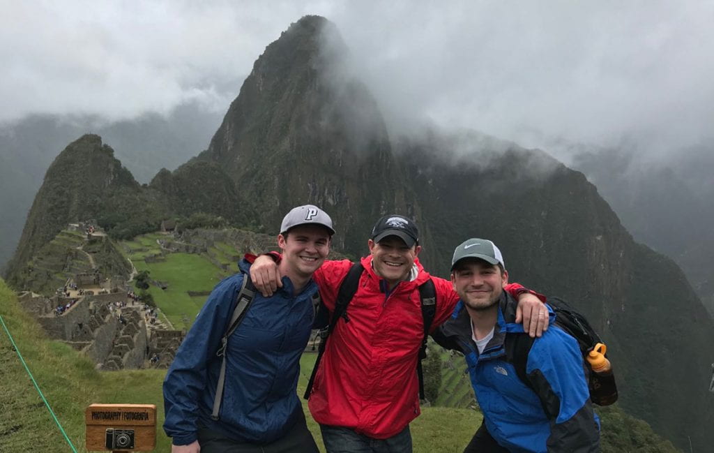 Sean Gray '21, at left, with Dr. Ted Andrews '01, professor of history, and Kevin Michel '21 during the Liberal Arts Honors Program trip to Peru in spring 2019.