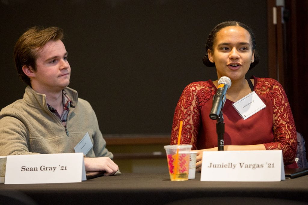 Sean Gray '21 participates in a panel discussion about "Finding Your Calling" during Alumni & Family Weekend in 2019. At right is Junielly Vargas '21.