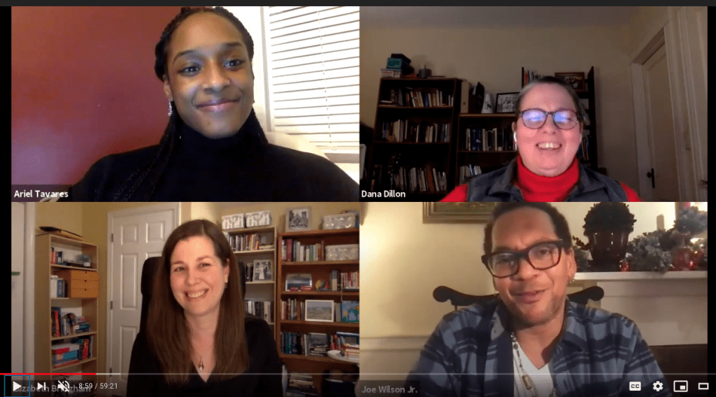 Screenshot of a Friar T.I.E.S. event with Trinity Reparatory Theatre about A Christmas Carol, featuring, clockwise from top left: Ariel Tavares '20, Dana Dillon of the Department of Theology, Joe Wilson Jr., actor; and Dr. Elizabeth Bridgham of the Department of English