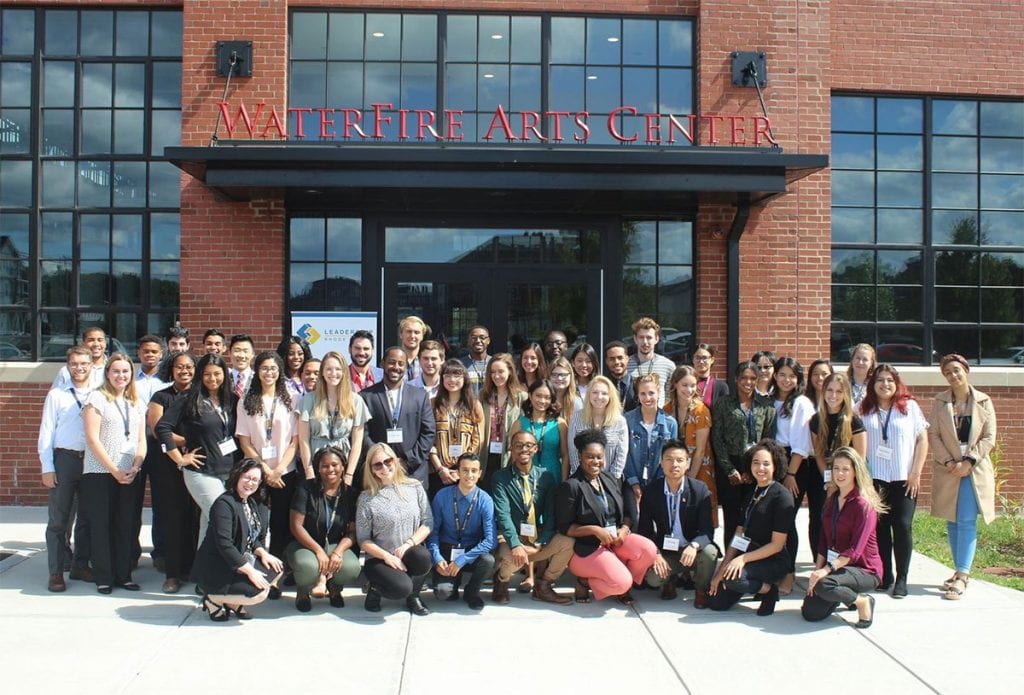 Thomas Heavren ’19, at far left in second row, and his College Leadership Rhode Island class on their first day outside the WaterFire Fine Arts Center in Providence.