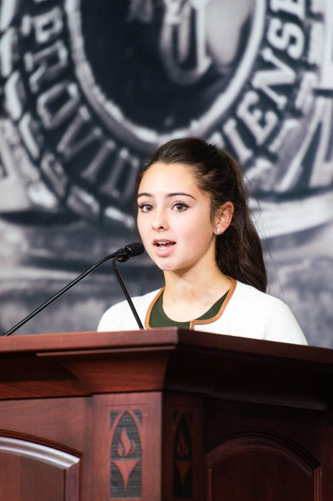 Eliana DaCunha ’22, then president of the first-year class, gives welcoming remarks at the 2018 New Student Family Weekend program.