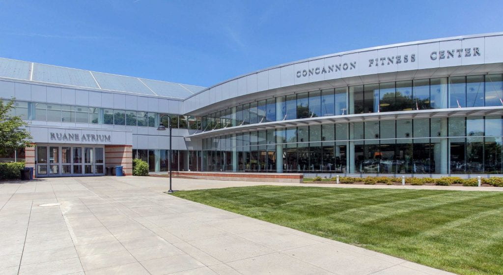 The exterior of the Concannon Fitness Center and the Ruane Atrium.