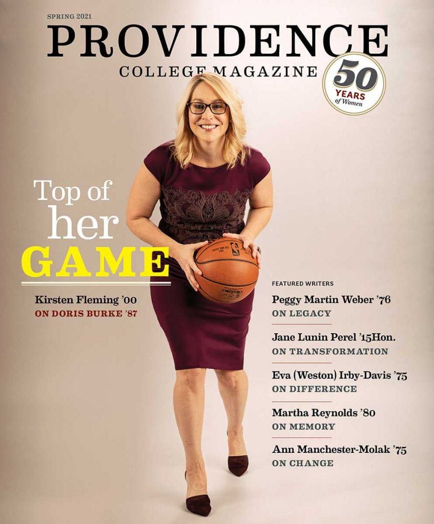 Cover of Providence College Spring 2021 magazine featuring Doris Burke '87