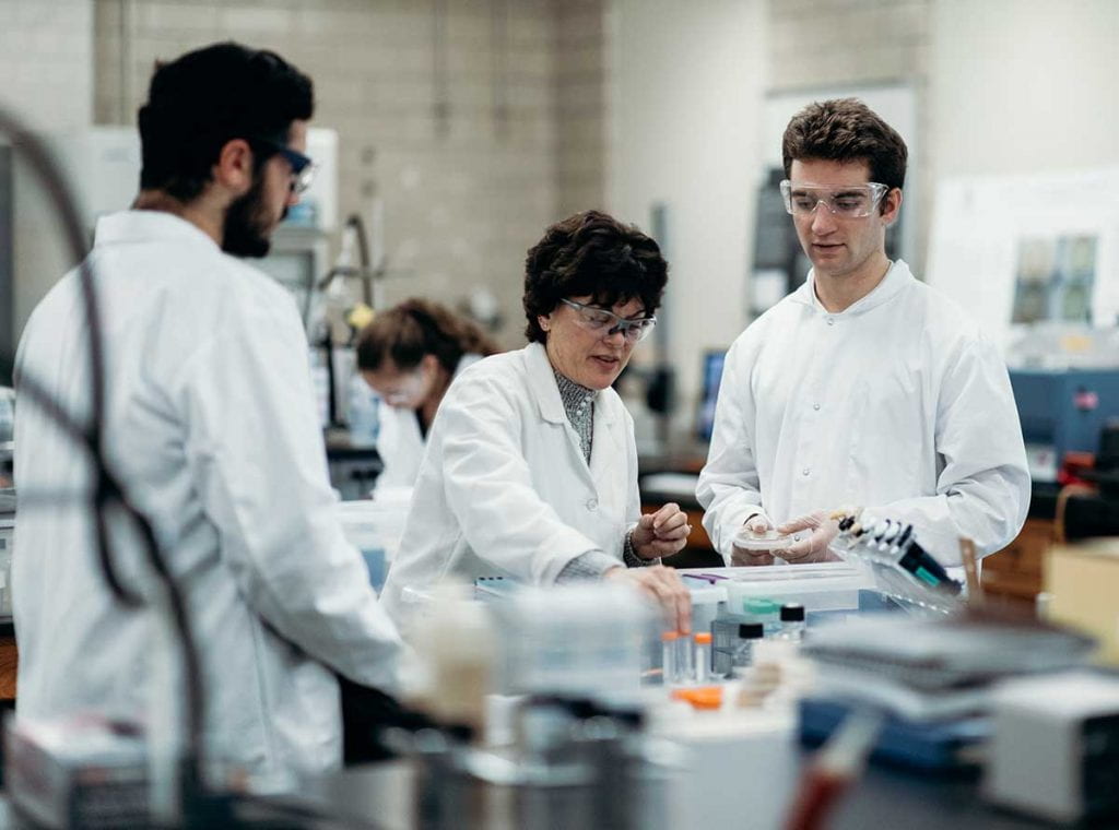 Beginning in his first year at PC, Colby Agostino '21, right, has worked in the research laboratory of Dr. Kathleen A. Cornely, professor of chemistry and biochemistry. With them is Ethan Dionne '22.