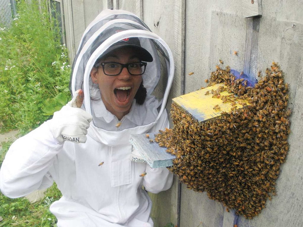 Dr. Rachael E. Bonoan with a swarm of bees