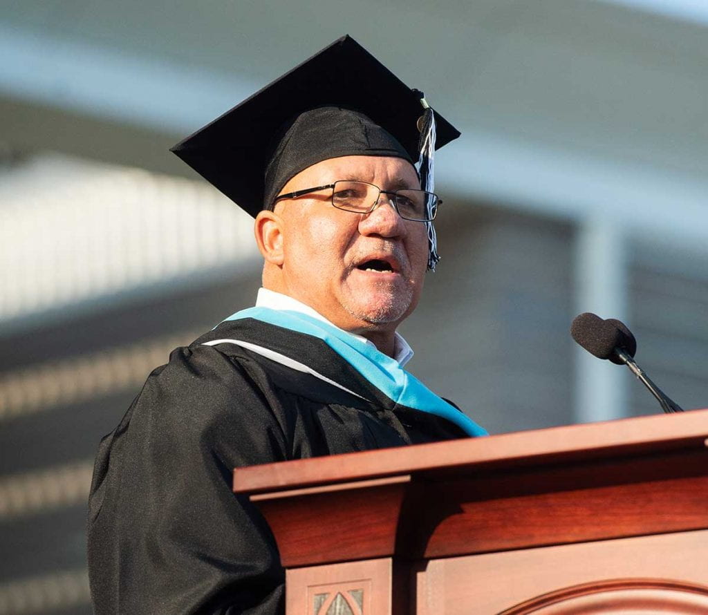 Michael Bibeault '12SCE, '14G shares his story with graduate and SCE students at commencement