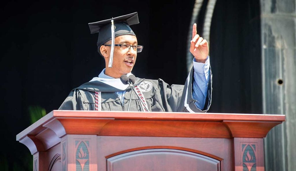 Malik Washington '21, senior class president, addresses graduates at the undergraduate ceremony