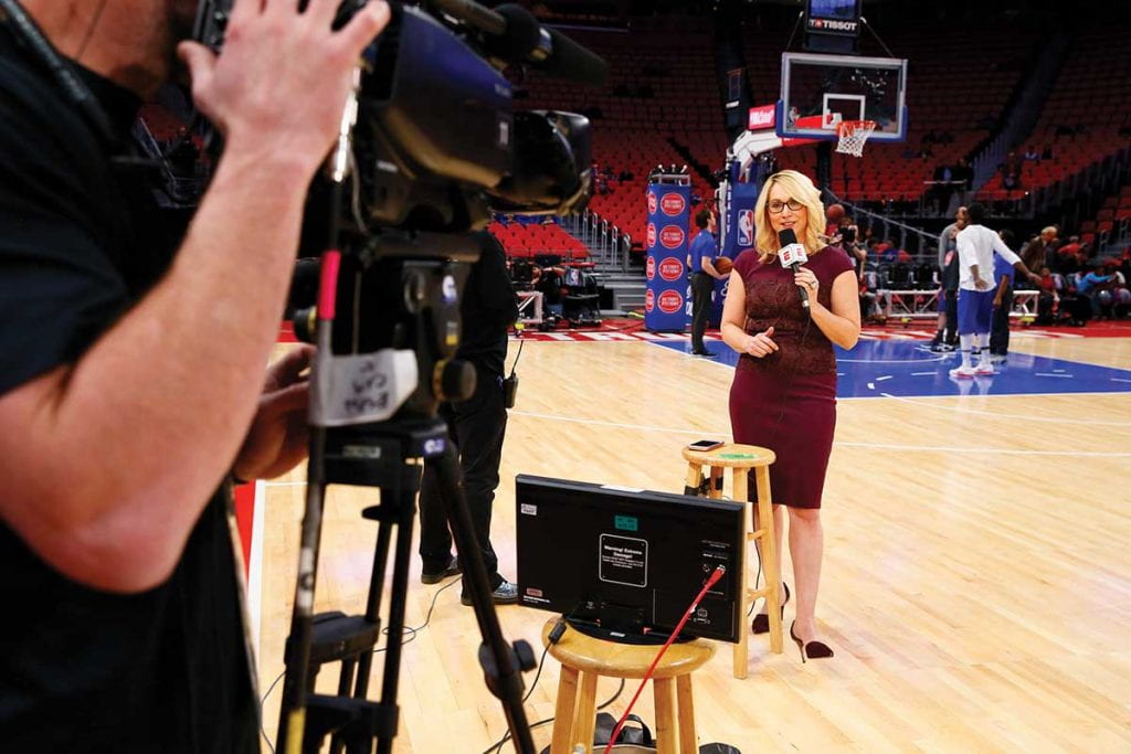 Doris Burke does what she calls a pre-game “hit” for ESPN’s SportsCenter before the telecast of a Pistons-Warriors game in Detroit.