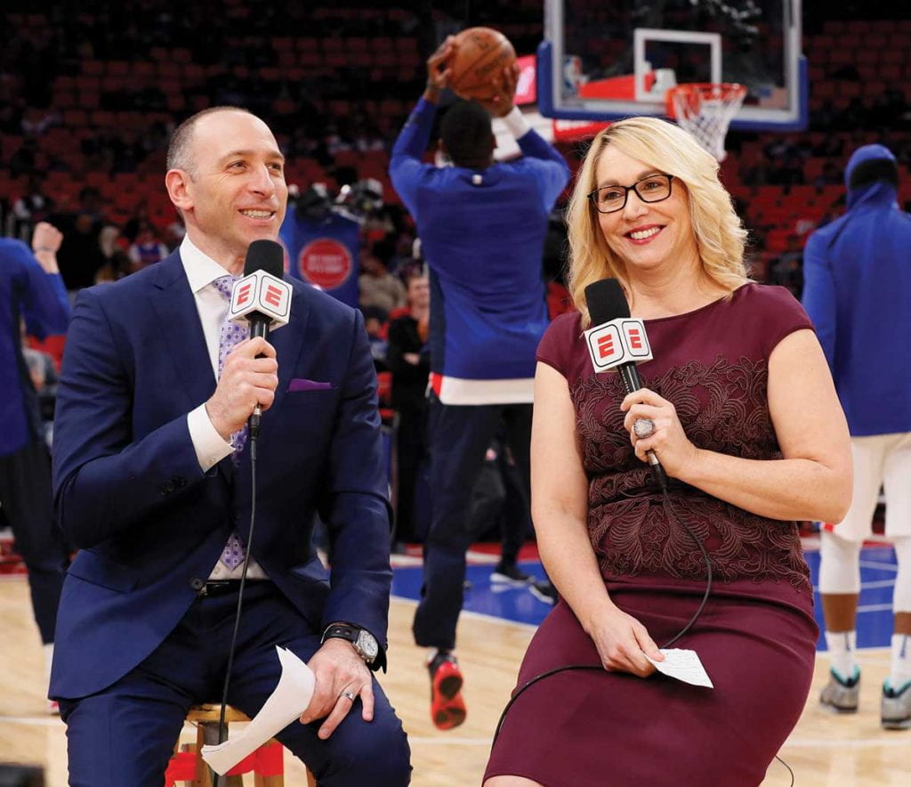 Doris Burke with ESPN partner Dave Pasch before a Pistons-Warriors game.