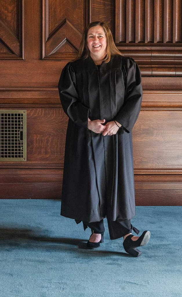 Mary S. McElroy ‘87, pictured in the federal courthouse in Providence, has served as a U.S. District Court judge for Rhode Island since October 2019.