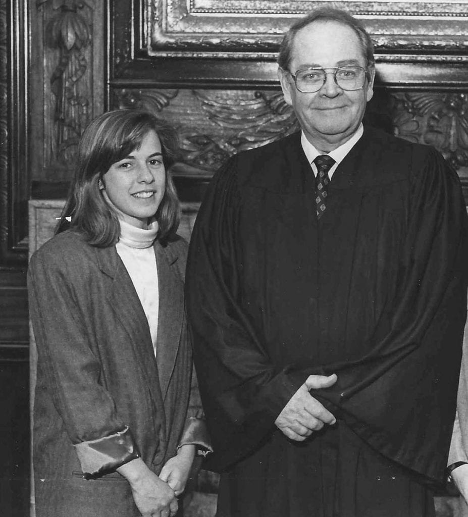Mary S. McElroy ’87 is joined by Rhode Island Supreme Court Associate Justice Donald F. Shea ’50, ’06Hon. at her swearing in as an attorney in 1992.
