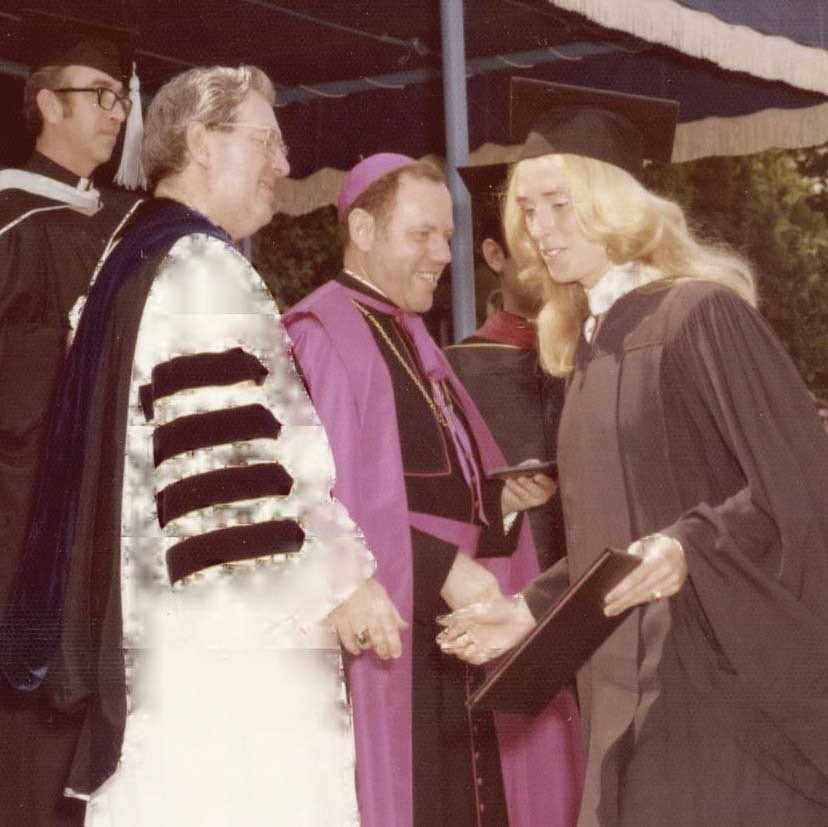 Ann Manchester Molak ’75 at Commencement Exercises on May 27, 1975 with PC President Very Rev. Thomas R. Peterson, O.P. ’51, ’85 Hon.,left, and Most Rev. Louis E. Gelineau, D.D., bishop of Providence.