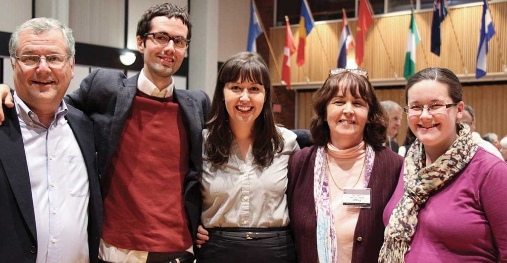 The Weber family at the Liberal Arts Honors Convocation in Slavin Center '64 Hall in 2014. From left are John Weber; Matthew Weber '06; Kerry Weber '04, the convocation speaker; Peggy Martin Weber ’76, and Elizabeth Weber Begley '10.