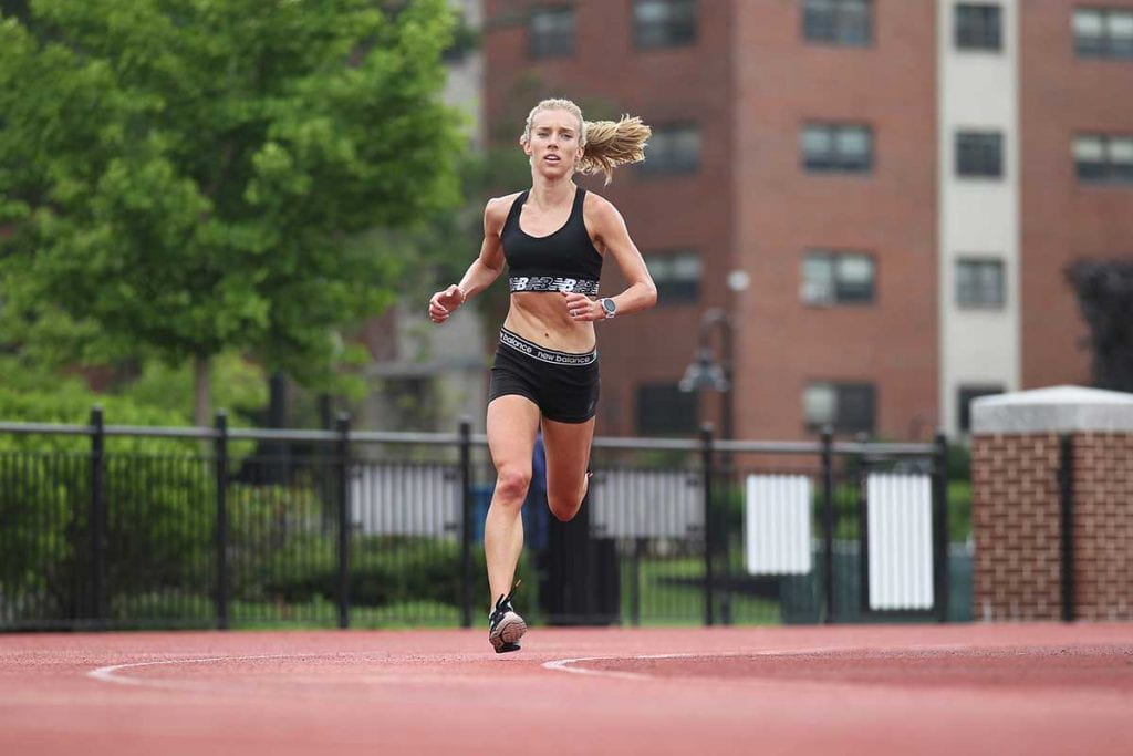 Emily Sisson '15 runs on the Ray Treacy Track at Providence College in preparation for the Tokyo Olympics.