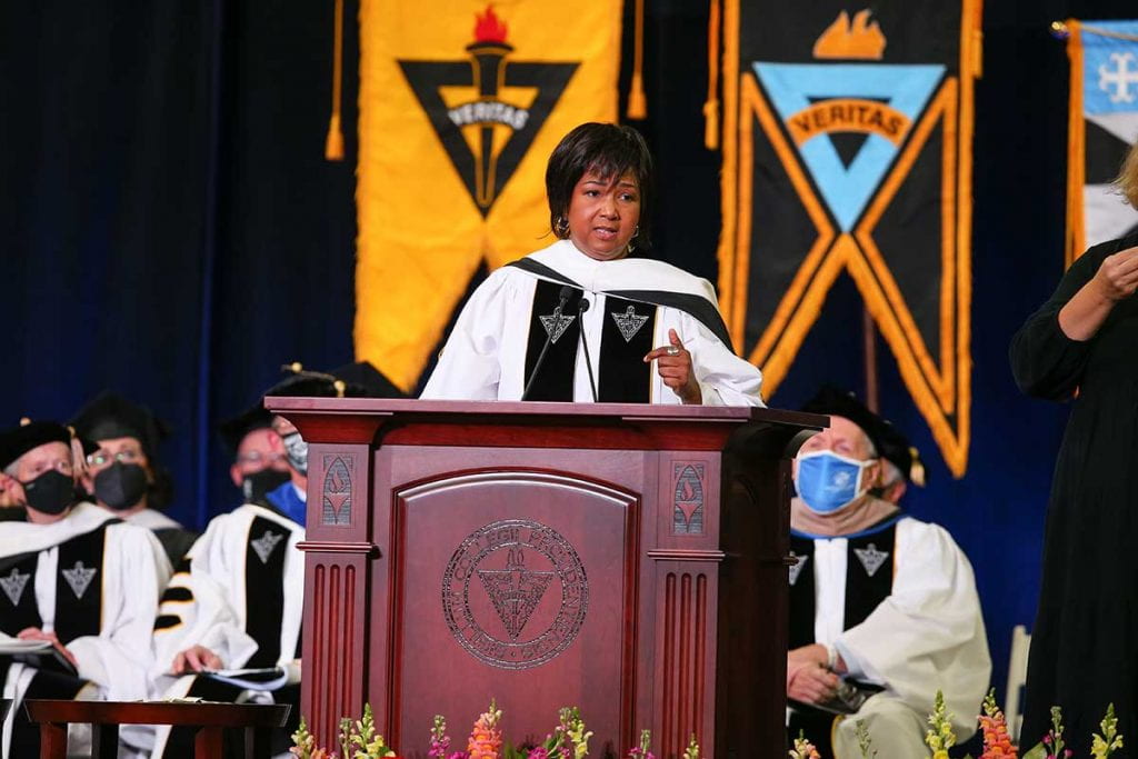 Mae Jemison, M.D. addresses the Class of 2020 during commencement exercises in Peterson Recreation Center.
