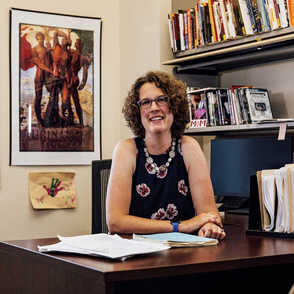 Dr. Jennifer Illuzzi, associate professor of history and director of the Development of Western Civilization Program, in her office in the Ruane Center for the Humanities.