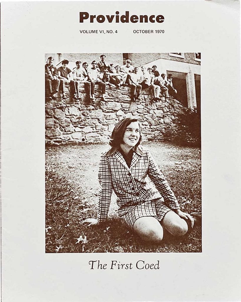 The cover of the October 1970 issue of Providence magazine. A paragraph inside explains: "Maureen A. Whelan of North Providence is the first coed to be accepted at Providence College. She is the daughter of the late Robert Whelan '50."