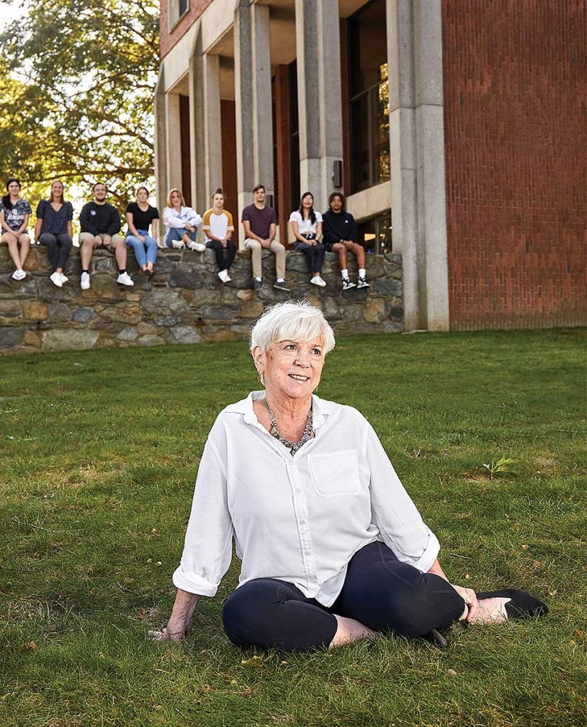 Maureen Whelan '75 returned to Providence College in September 2021 to reenact the photograph featured on the front cover of Providence magazine, celebrating her as "the first coed" accepted to PC.