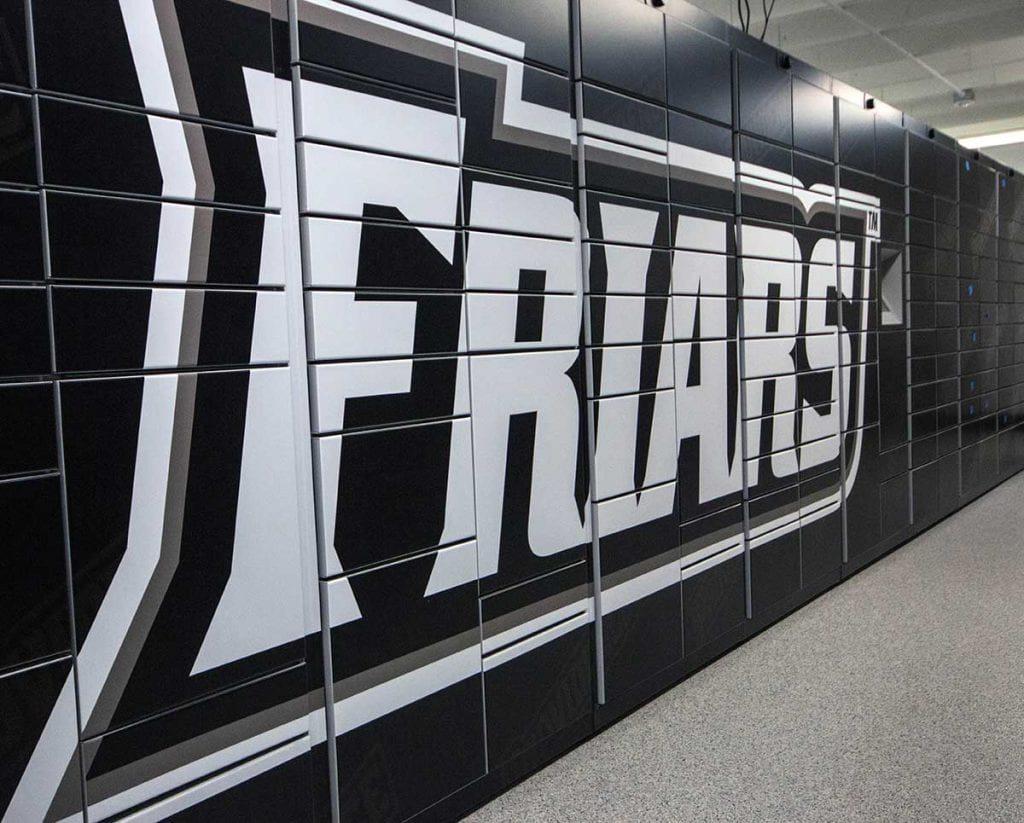 Friar-branded wraps cover the new lockers, which are available in small, medium, and large sizes to contain packages.