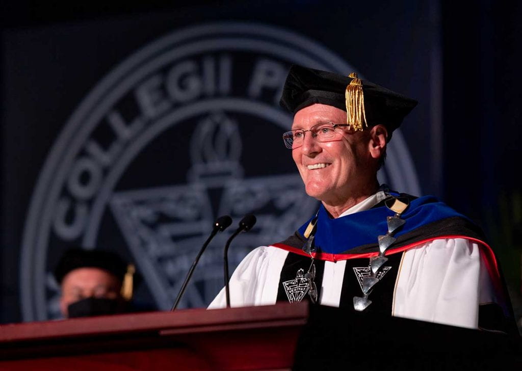 Rev. Kenneth R. Sicard '78, '82G presents his inaugural address in Peterson Recreation Center.