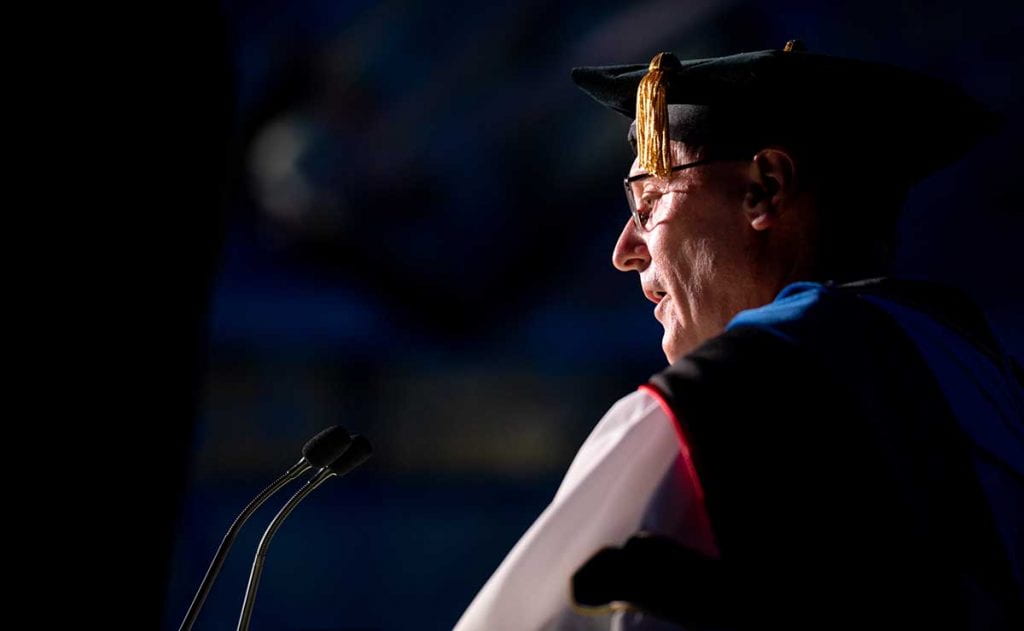 College President Rev. Kenneth R. Sicard, O.P. '78, '82G presents his inaugural address in Peterson Recreation Center.