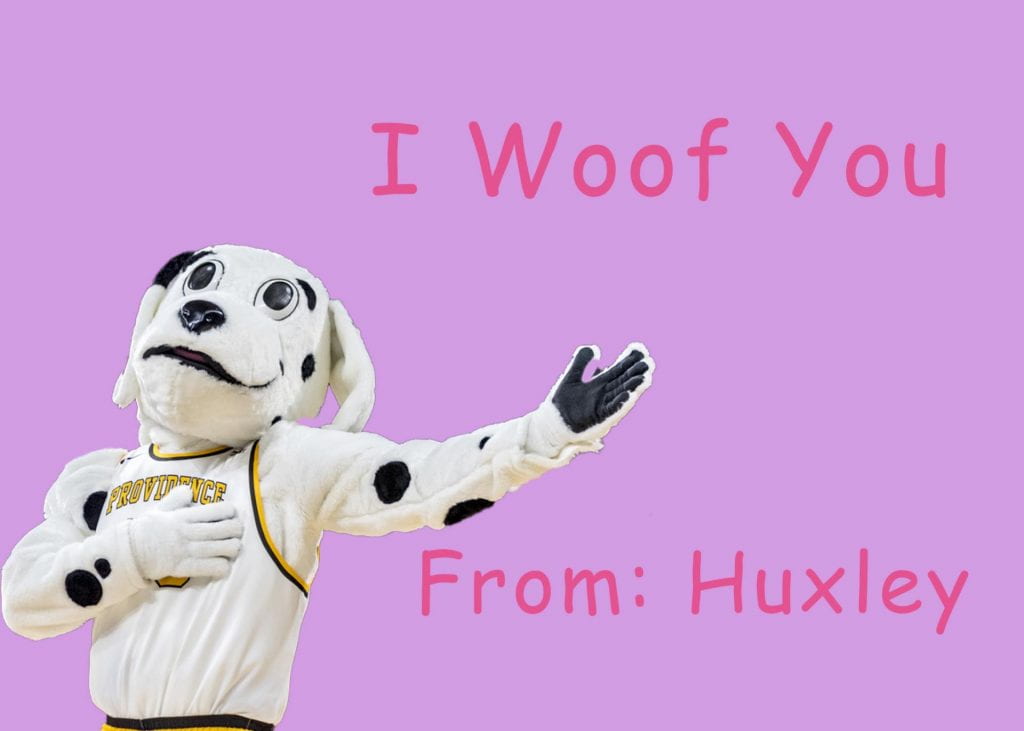 Valentine featuring Huxley that reads "I woof you From: Huxley"
