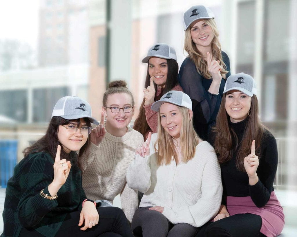 Providence College student researchers. Front: Grace Maffucci '22 (left), Kelly Drogan '22, Erin Ostrowski ’22, Isabelle Heron '23; back: Sophia Moniodes ’22 (left), Brigid McEvoy '23.